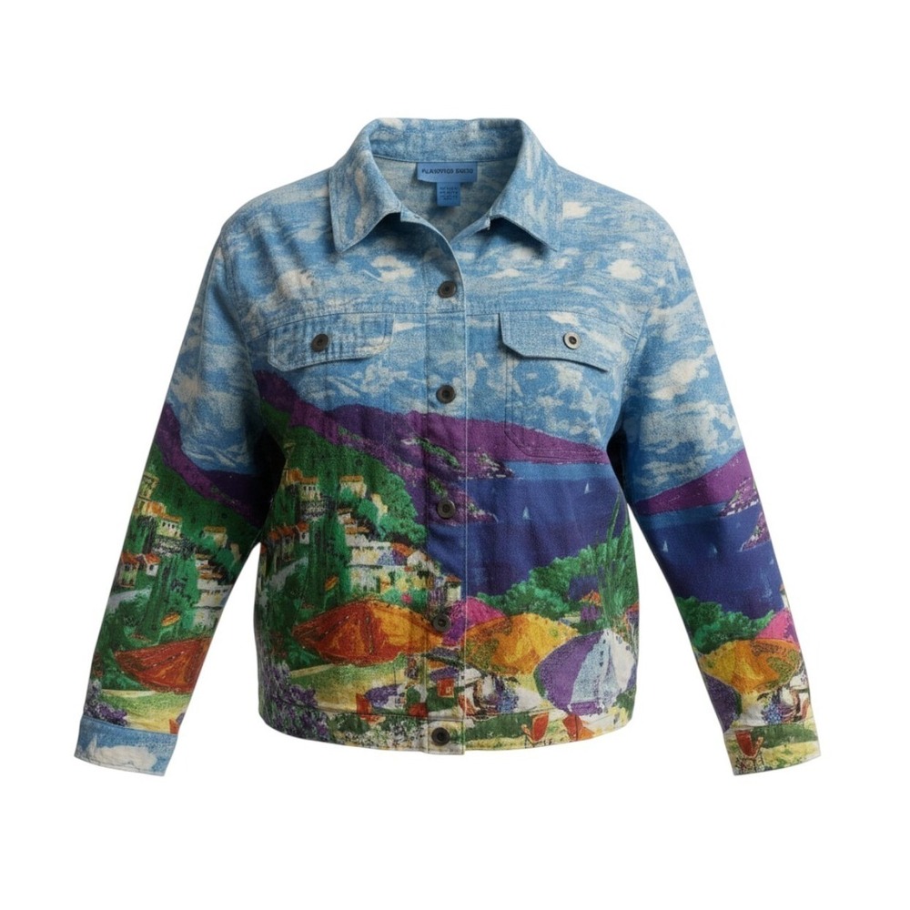 Flamingo Road Denim Jacket Sz L Scenic Coastal Landscape Sequin Trucker Coat